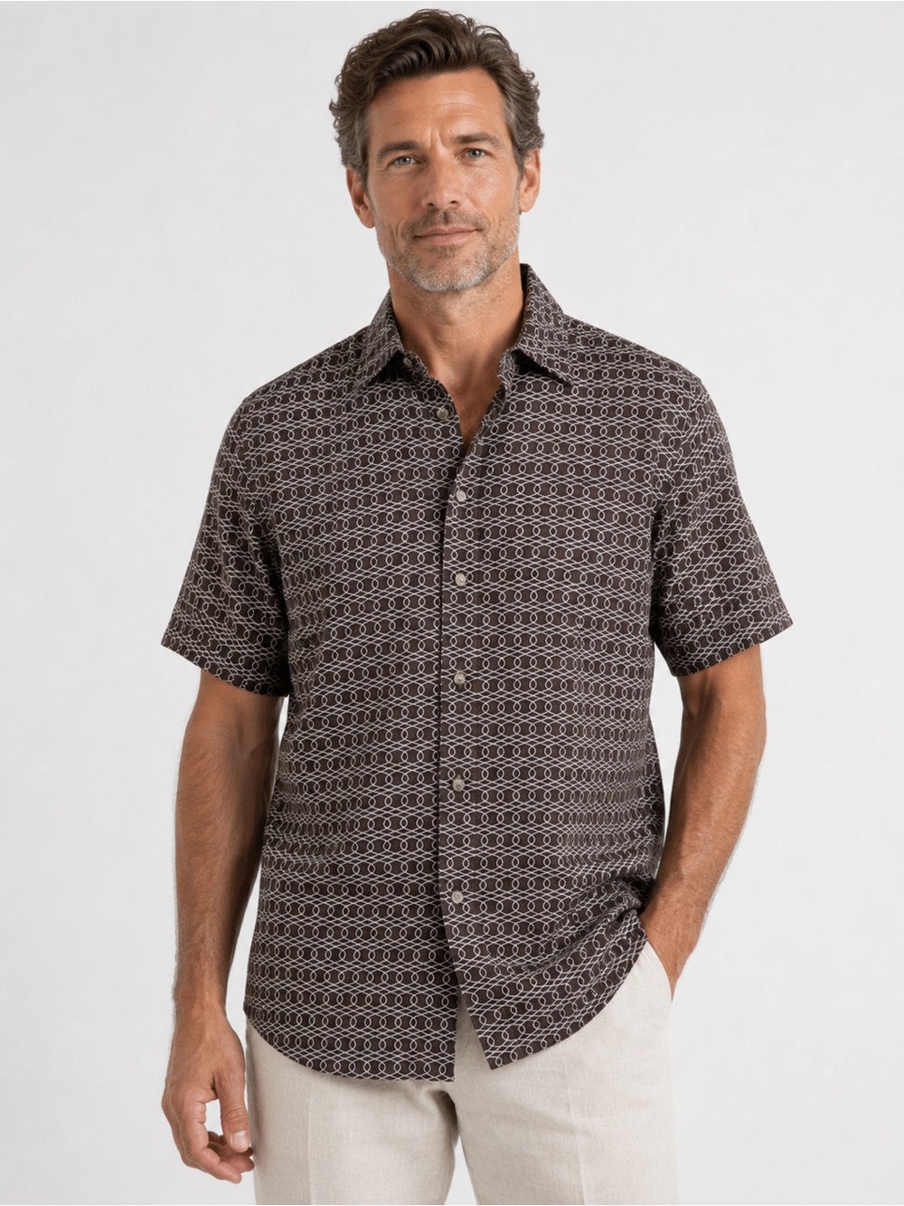 Daniel Hechter Paris Linen Blend Geometric Print Button Down Shirt Men Size L